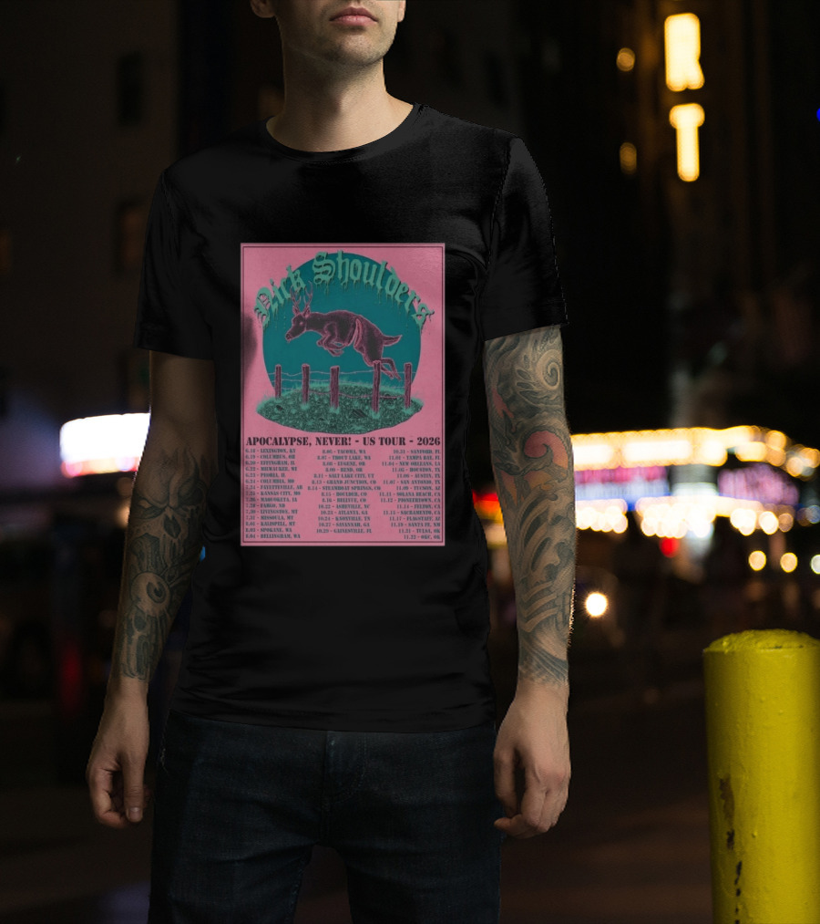 Nick Shoulders Apocalypse Never US Tour 2026 Retro Pink And Teal Leaping Deer Design With Tour Dates T-Shirt