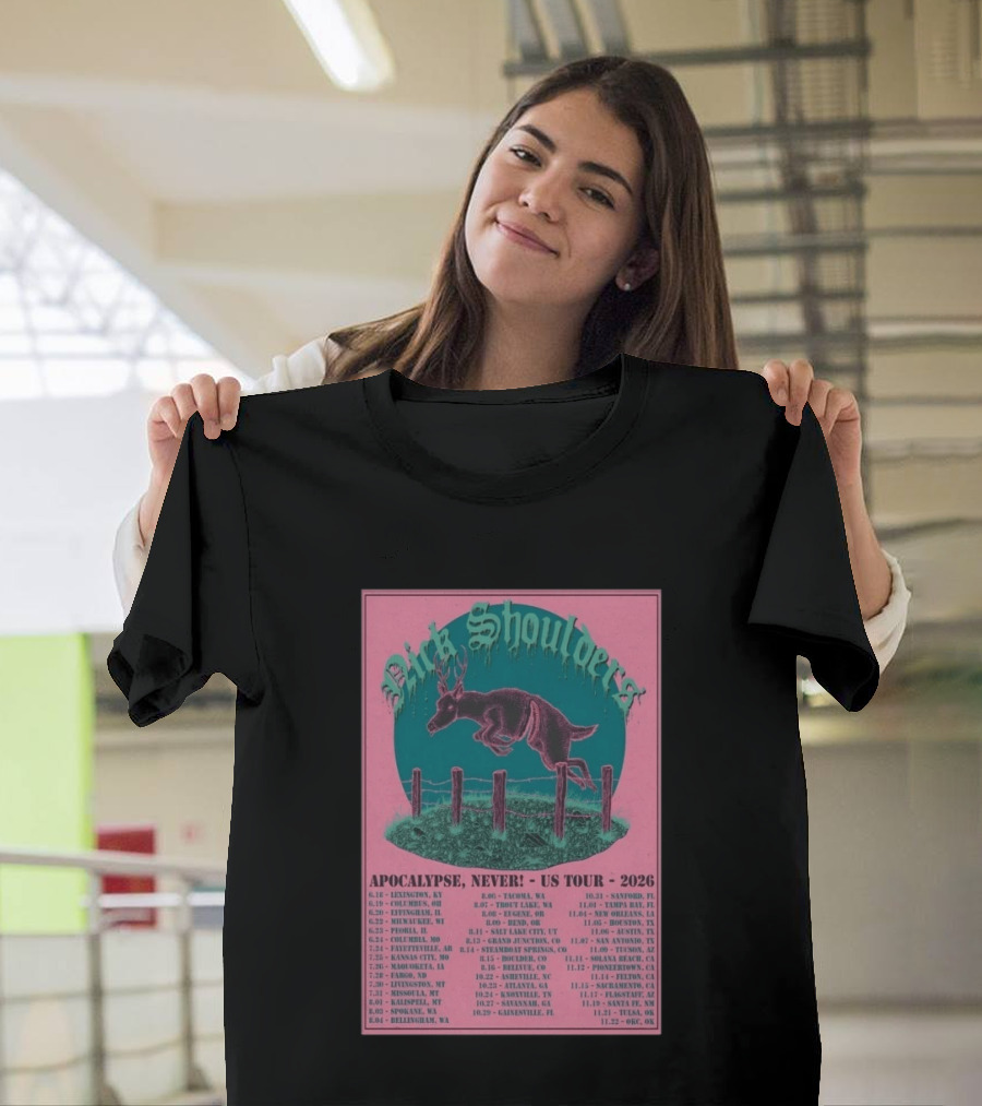 Nick Shoulders Apocalypse Never US Tour 2026 Retro Pink and Teal Leaping Deer Design with Tour Dates T-Shirt