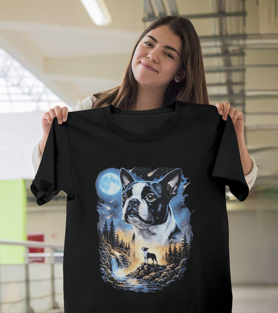 Boston Terrier Howling Moon Night Wilderness Scene T-Shirt