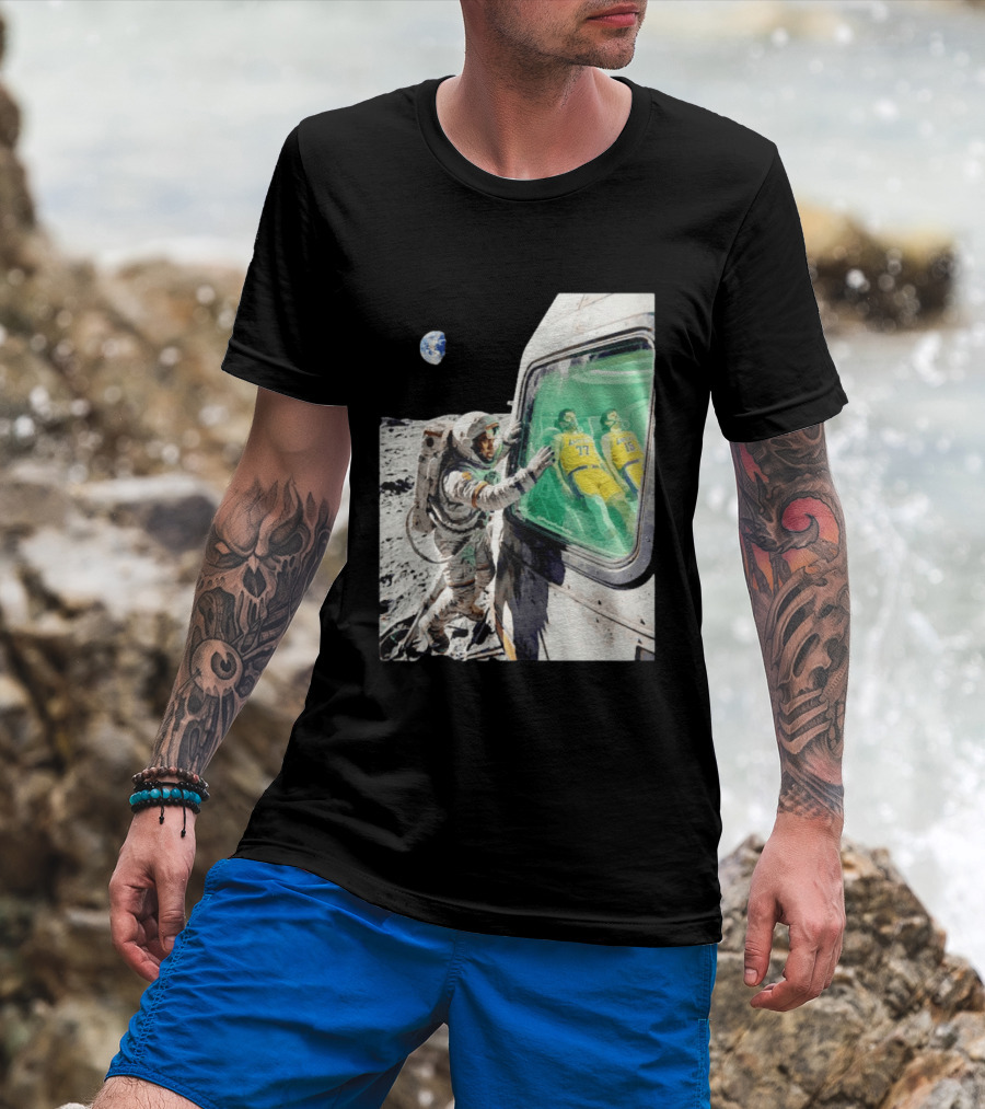 LeBron James Lakers Alone In Space Astronaut Scene With Number 77 And 15 In Spaceship T-Shirt