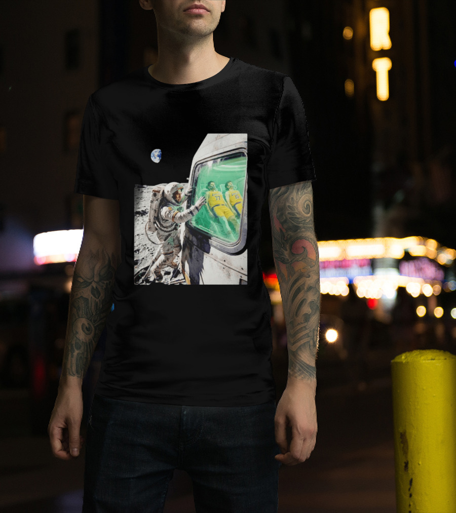 LeBron James Lakers Alone In Space Astronaut Scene With Number 77 And 15 In Spaceship T-Shirt