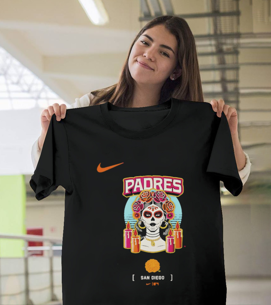 Nike San Diego Padres 2026 City Connect Dia De Los Muertos Candles Roses Large T-Shirt