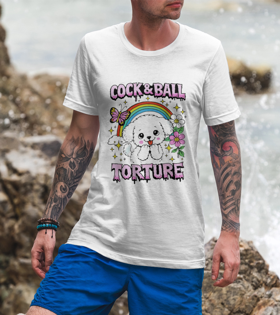 Cock And Ball Torture Dog Rainbow Butterfly Flowers T-Shirt