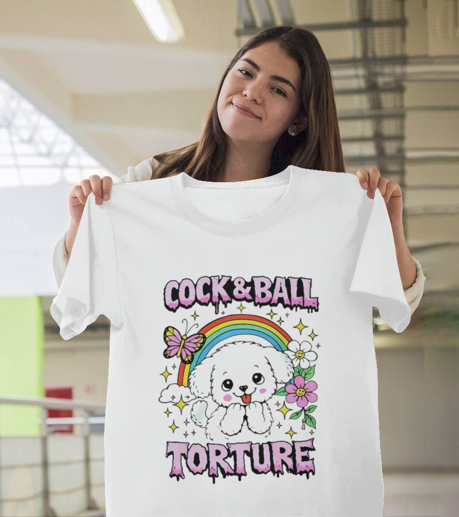 Cock and Ball Torture Dog Rainbow Butterfly Flowers T-Shirt
