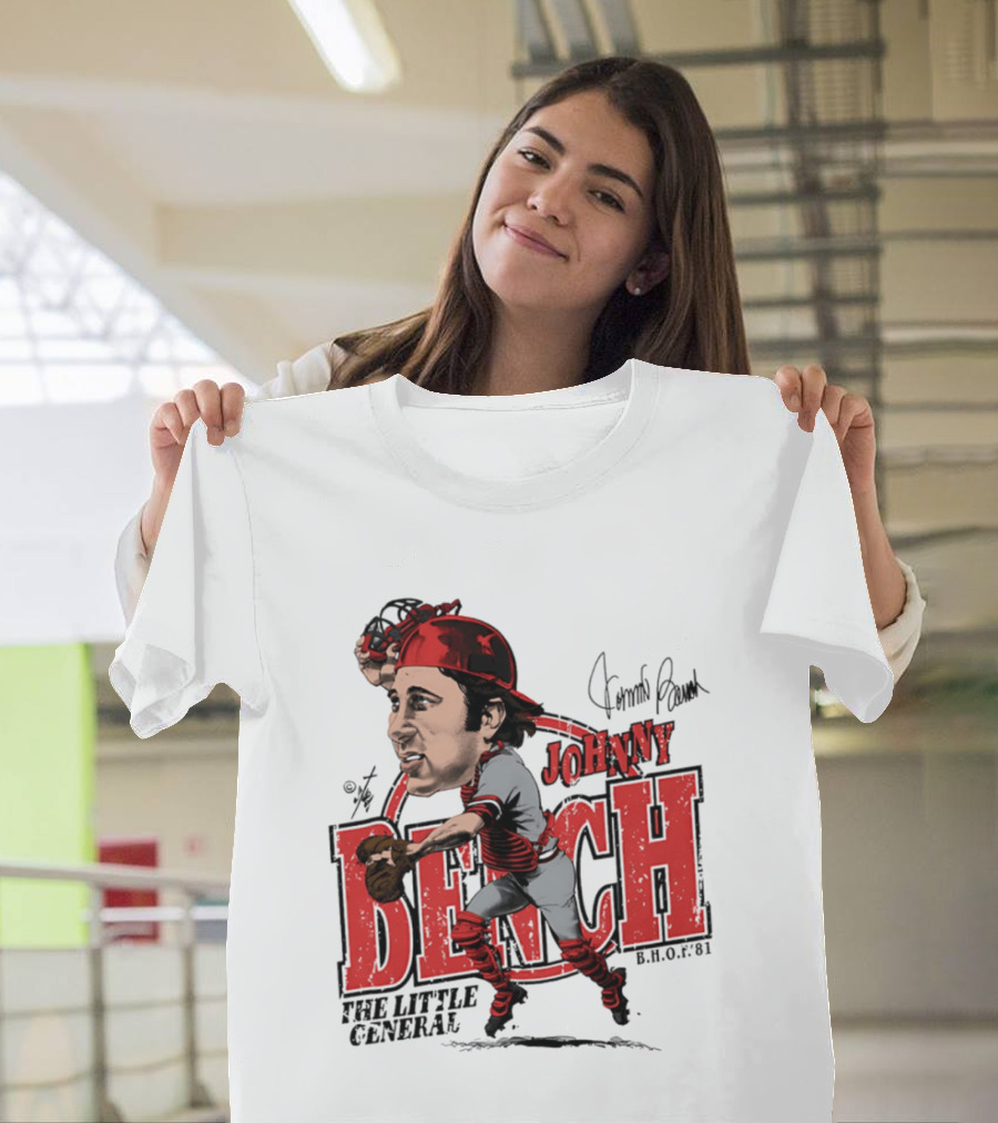 Johnny Bench Cincinnati The Little General Bruce Stark Collection HOF Caricature T-Shirt
