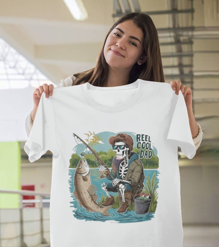 Reel Cool Dad Fishing Skeleton Catching Fish Cartoon T-Shirt