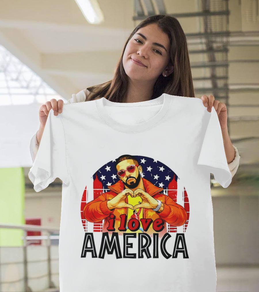 Drake I Love America Flag Heart Gesture Red Jacket Sunglasses T-Shirt