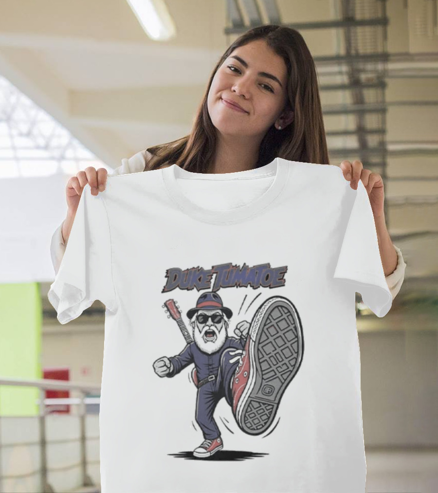 Duke Tumatoe Character Kicking Action in Blue Outfit and Red Shoes T-Shirt