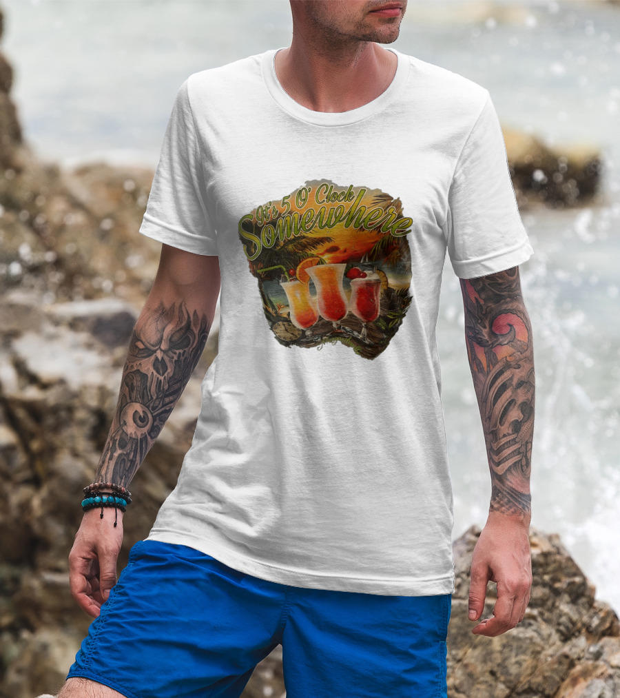 It's 5 O' Somewhere Tropical Sunset Cocktails And Palm Trees T-Shirt