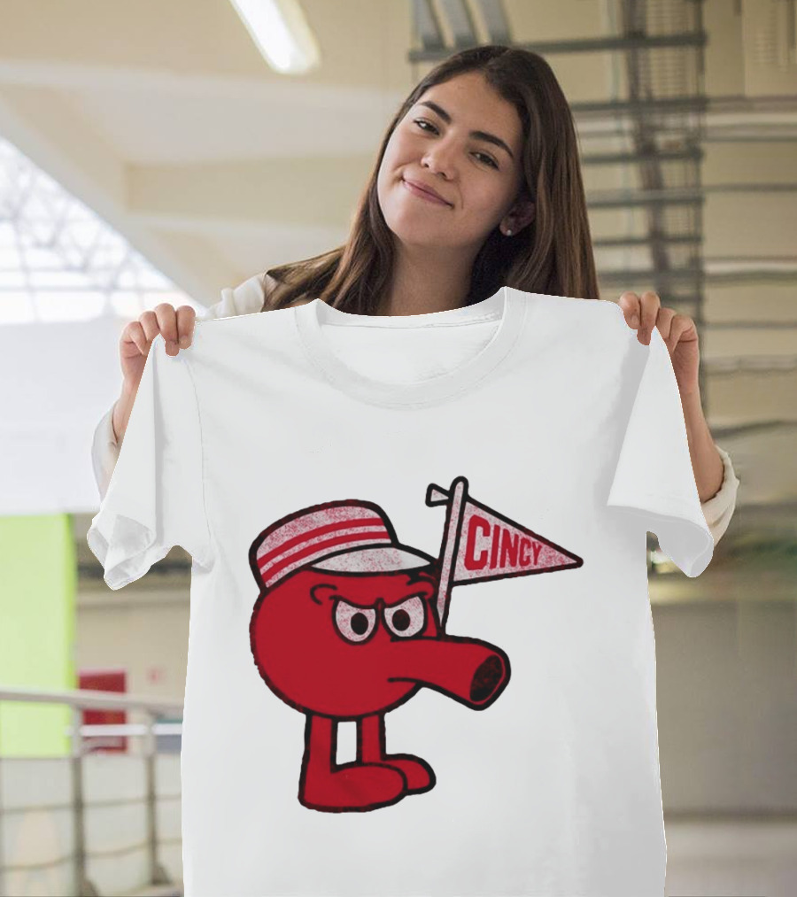 Cincy Redbert Cartoon Character With Striped Hat And Flag T-Shirt