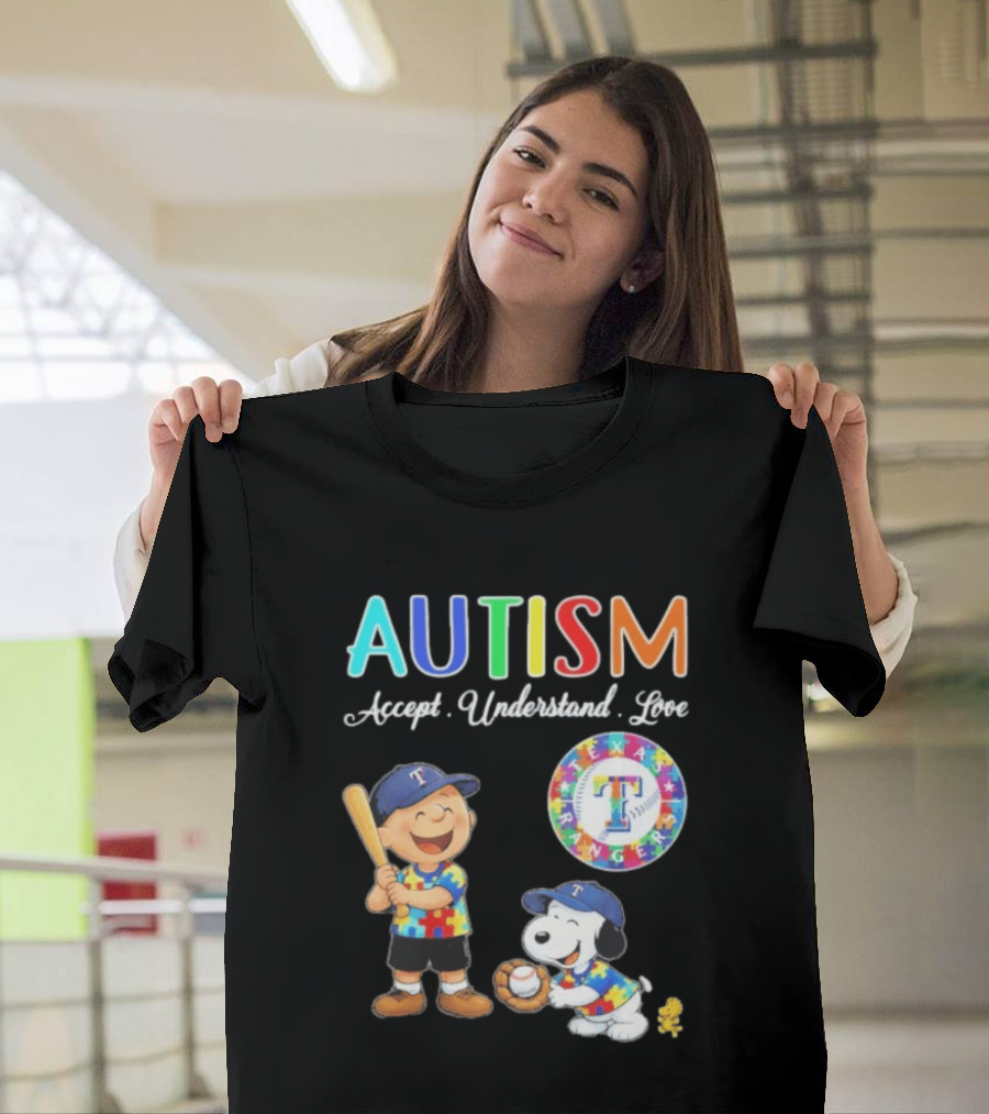 Peanuts Texas Rangers Autism Accept Understand Love Charlie Brown Snoopy T-Shirt