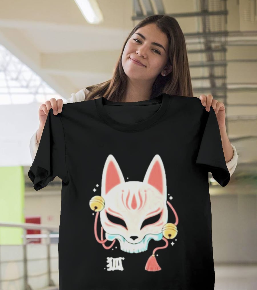 Lonely Club Kitsune Skull Mask With Bells And Kanji T-Shirt