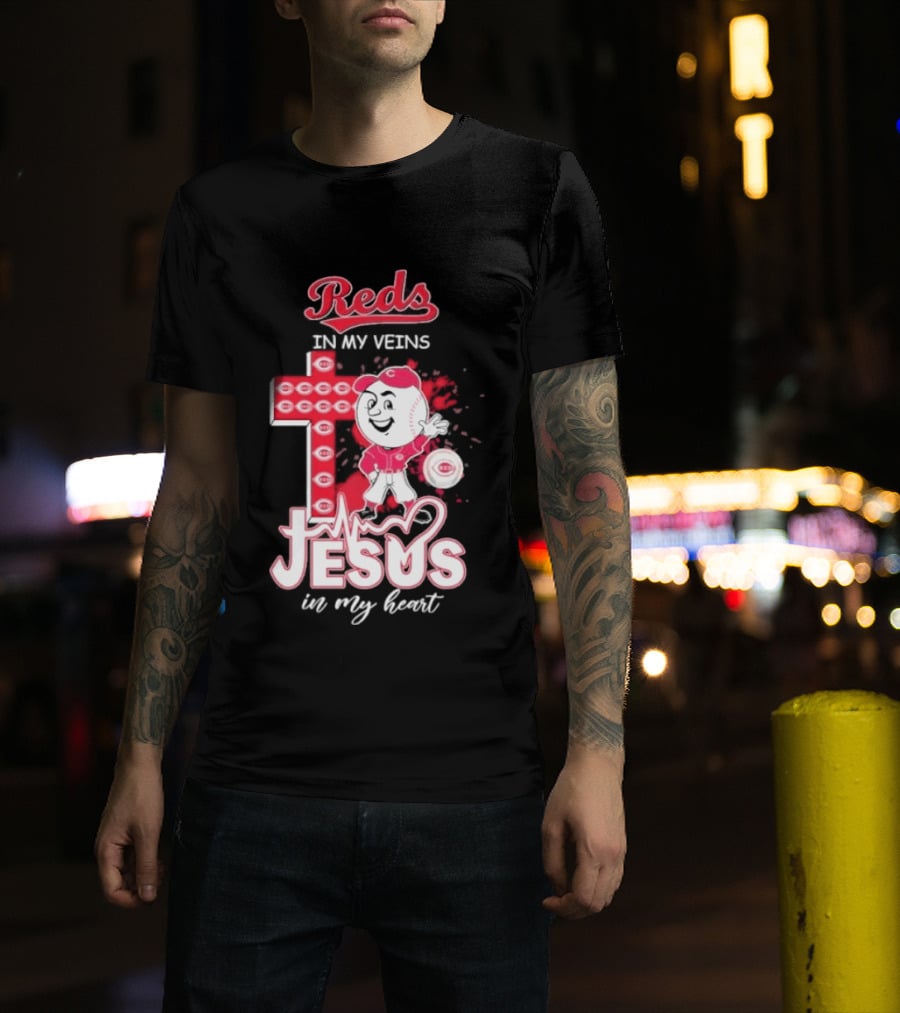 Reds In My Veins Jesus In My Heart Baseball Cross T-Shirt