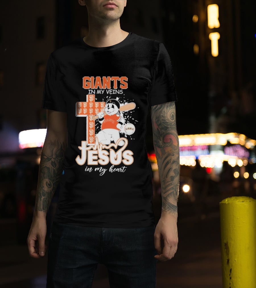 San Francisco Giants In My Veins Jesus In My Heart Baseball Cross Panda T-Shirt