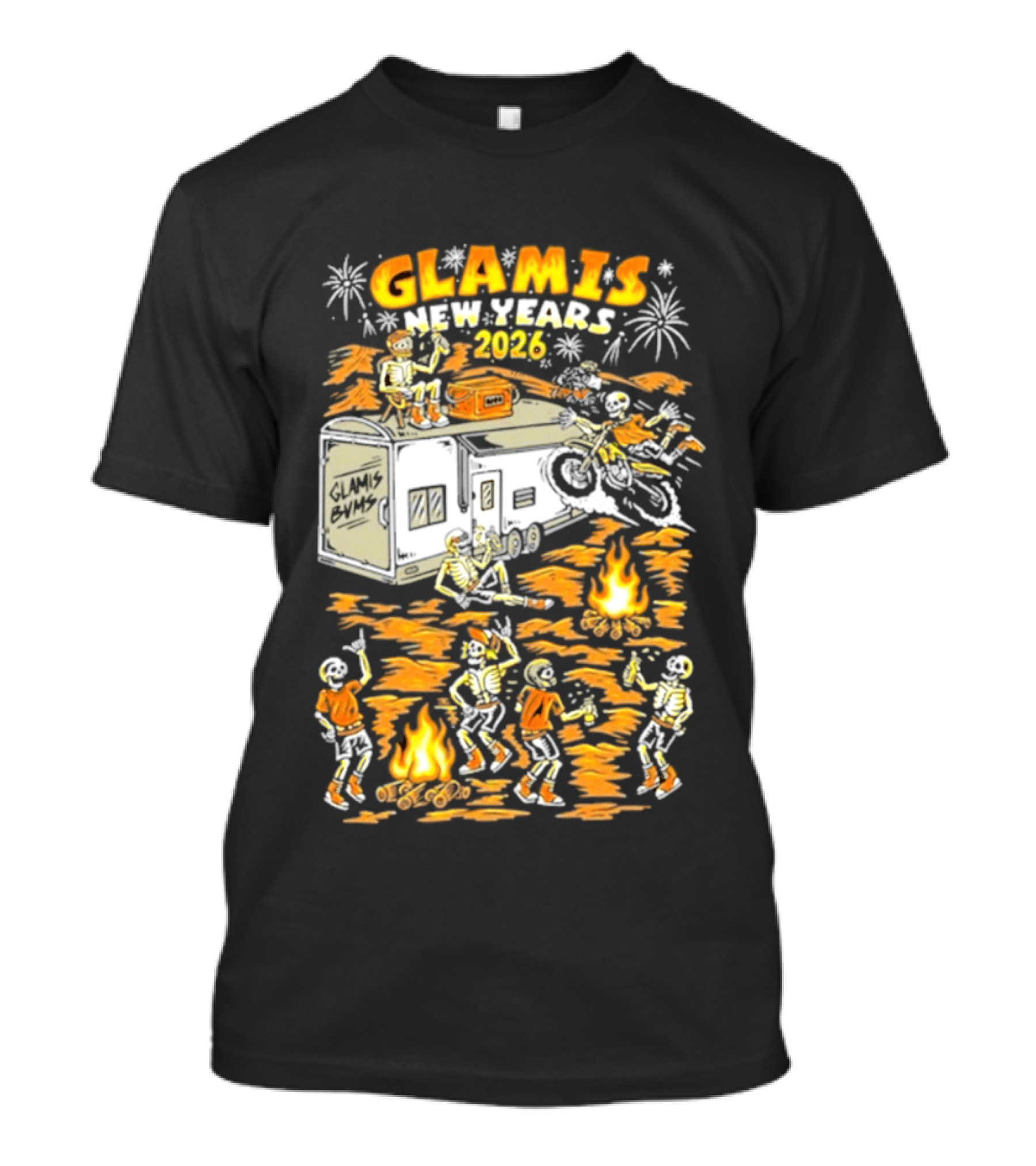 Glamis New Years 2026 Skeletons Campfire Celebration With Motorbike And Fireworks T-Shirt