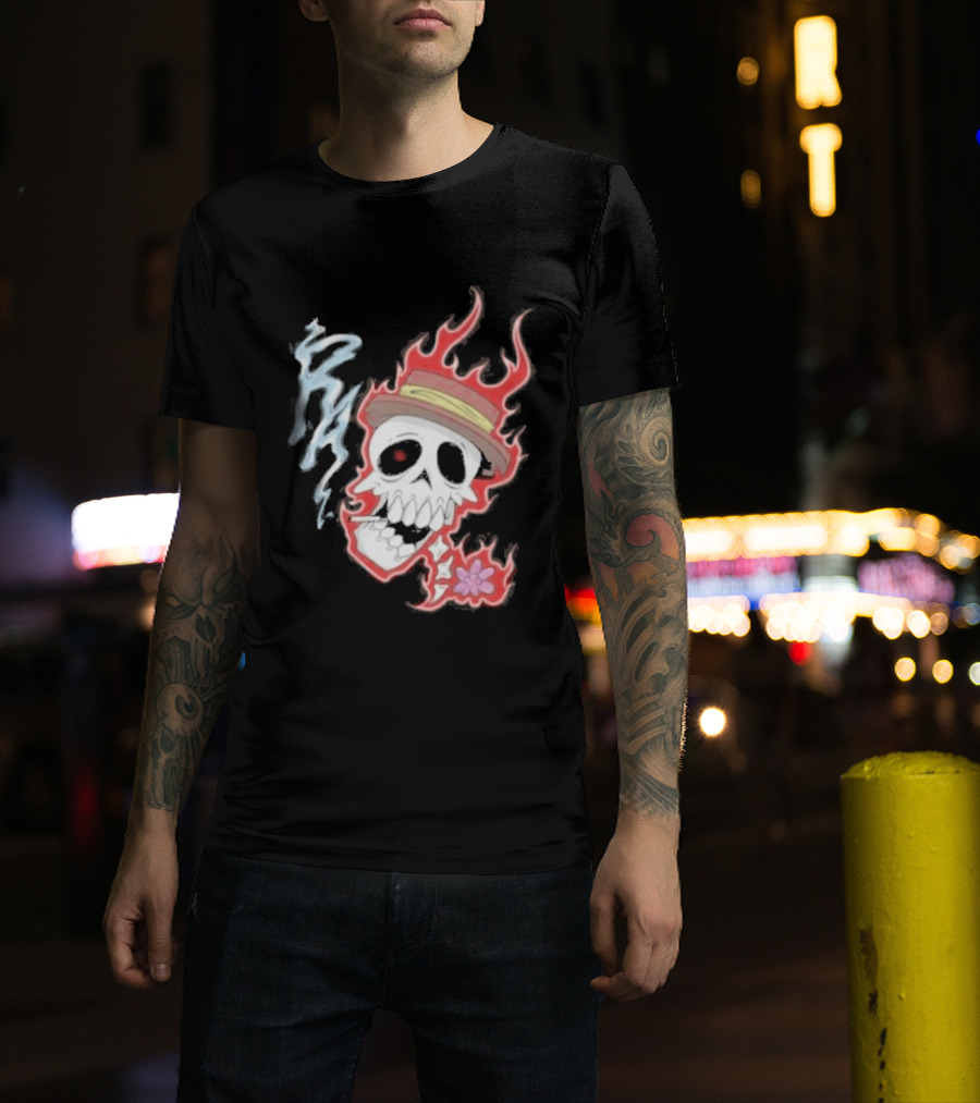 Rare Americans Skull With Flames And Hat Flower T-Shirt
