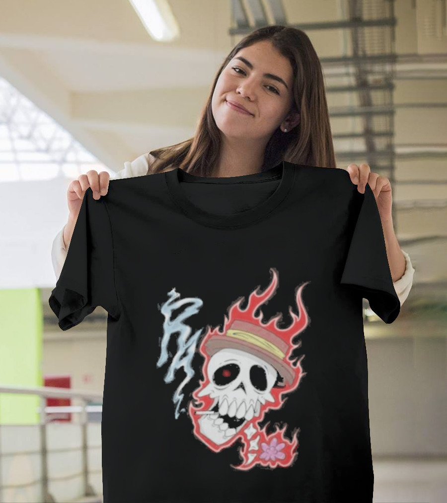 Rare Americans Skull With Flames And Hat Flower T-Shirt