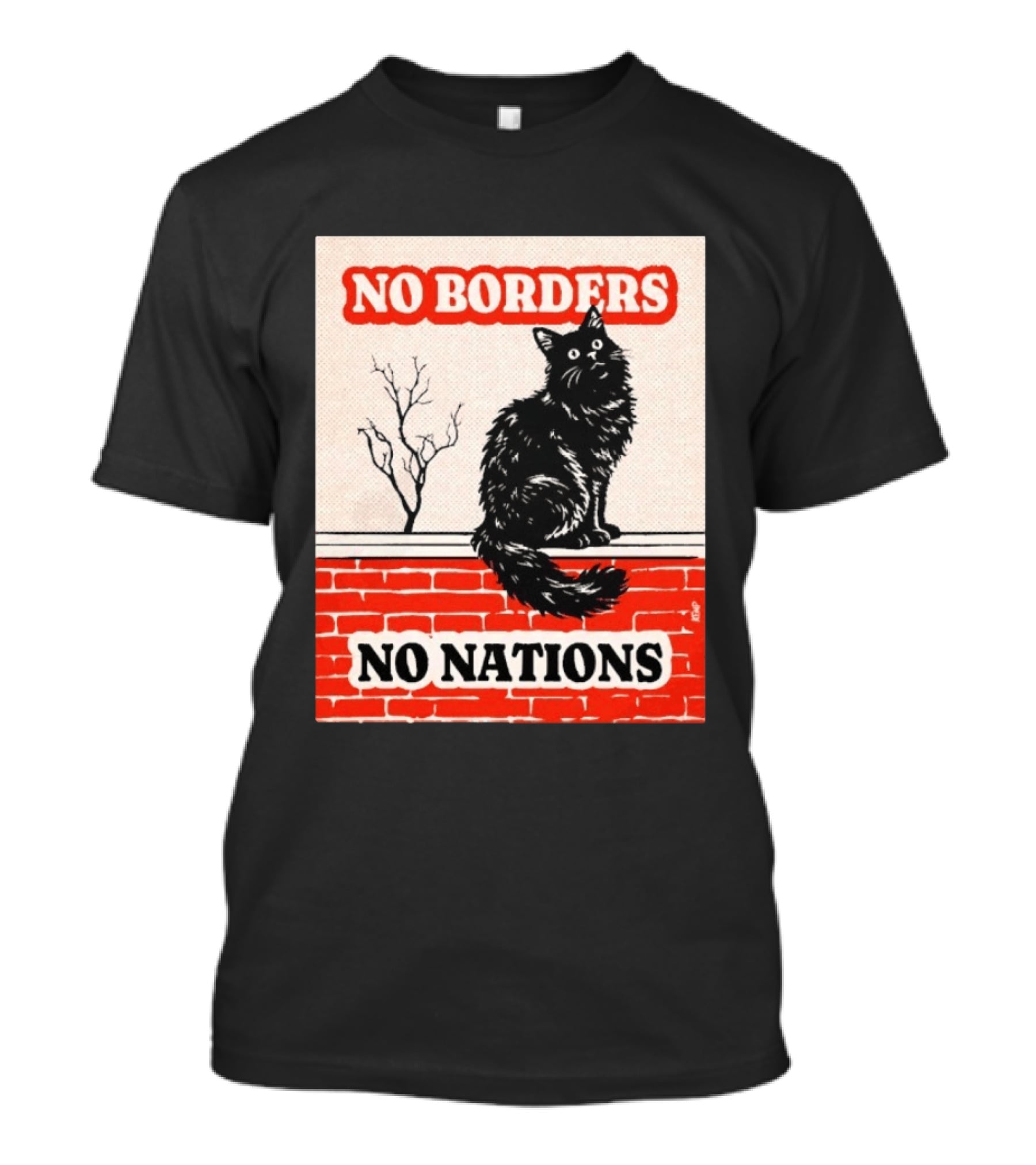 No Borders No Nations Cat Black Feline On Brick Wall T-Shirt