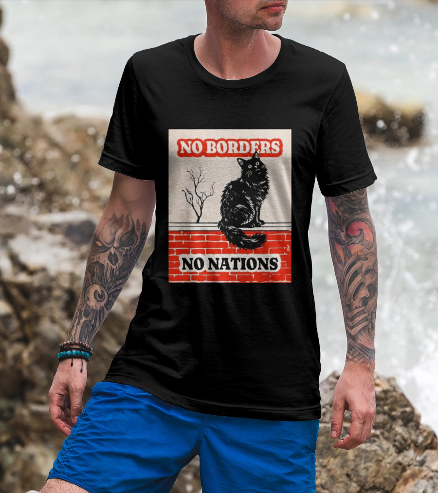 No Borders No Nations Cat Black Feline On Brick Wall T-Shirt