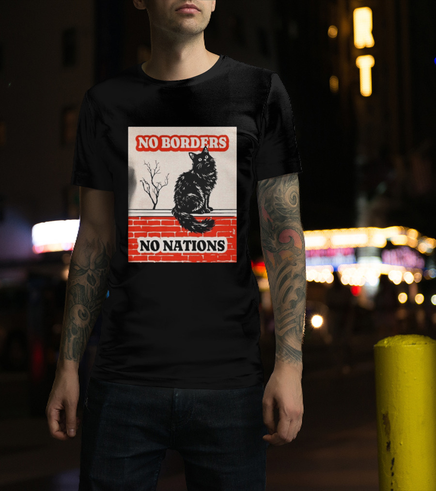No Borders No Nations Cat Black Feline On Brick Wall T-Shirt