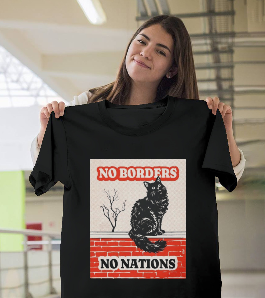No Borders No Nations Cat Black Feline On Brick Wall T-Shirt
