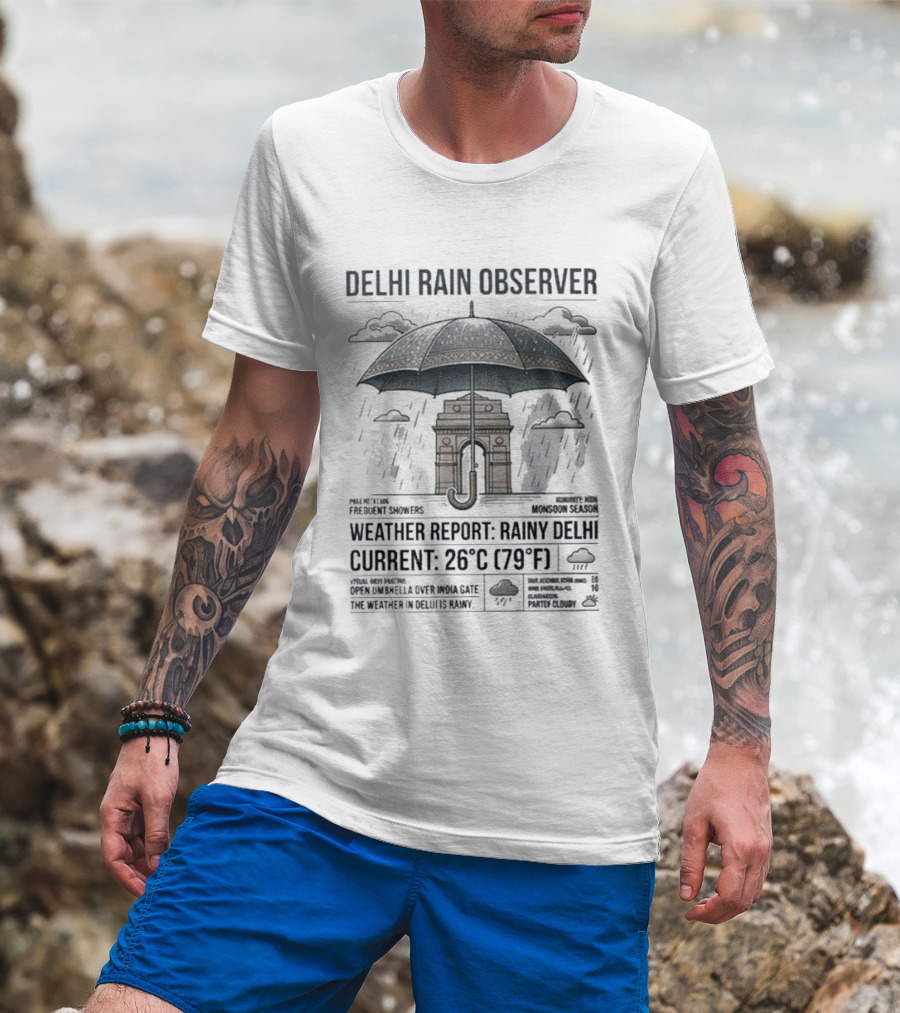 Delhi Rain Observer Current Weather Report Rainy 26°C (79°F) T-Shirt