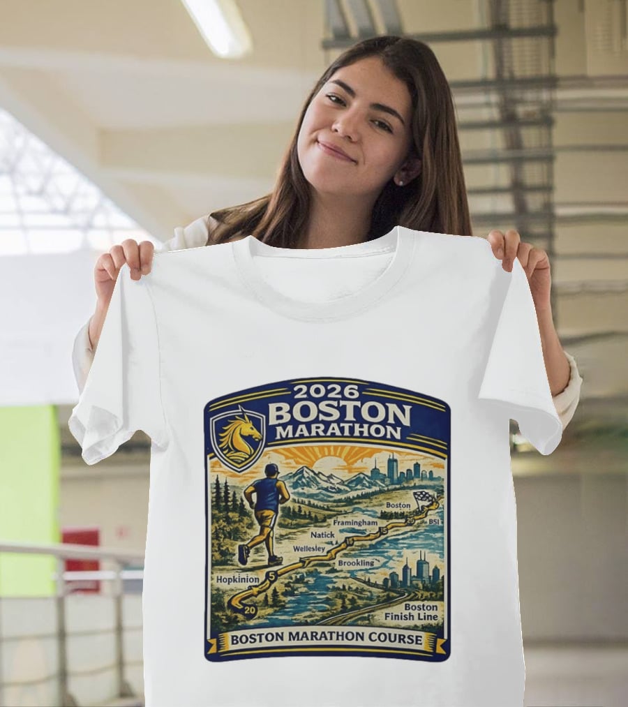 2026 Boston Marathon Course Hopkinton Framingham Natick Wellesley Brookline Finish Line T-Shirt