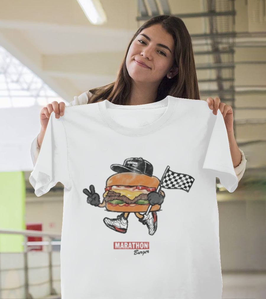 Marathon Burger Cartoon Racing With Peace Sign And Checkered Flag T-Shirt