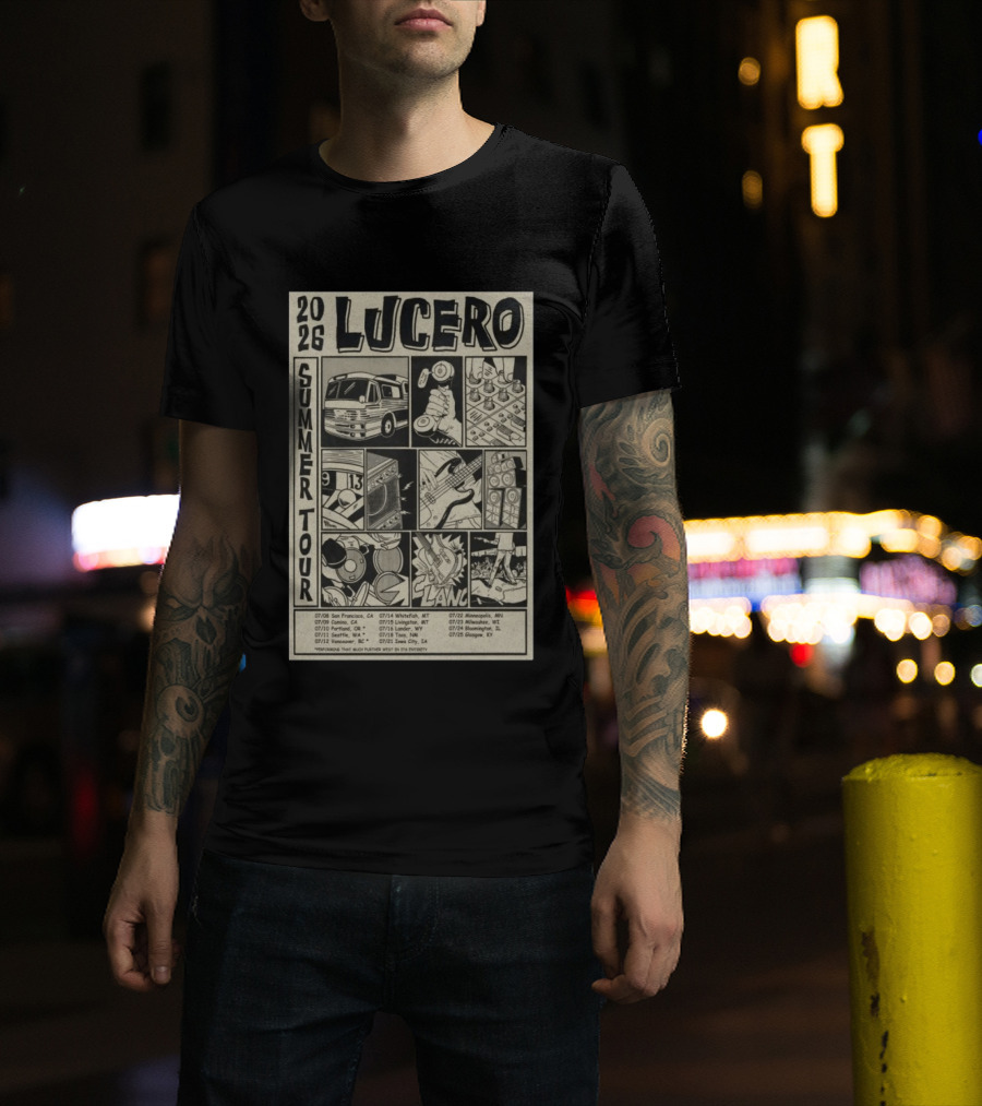 2026 Lucero Summer Tour Dates Featuring Vintage Comic Style With Iconic Band Imagery And Tour Stops T-Shirt