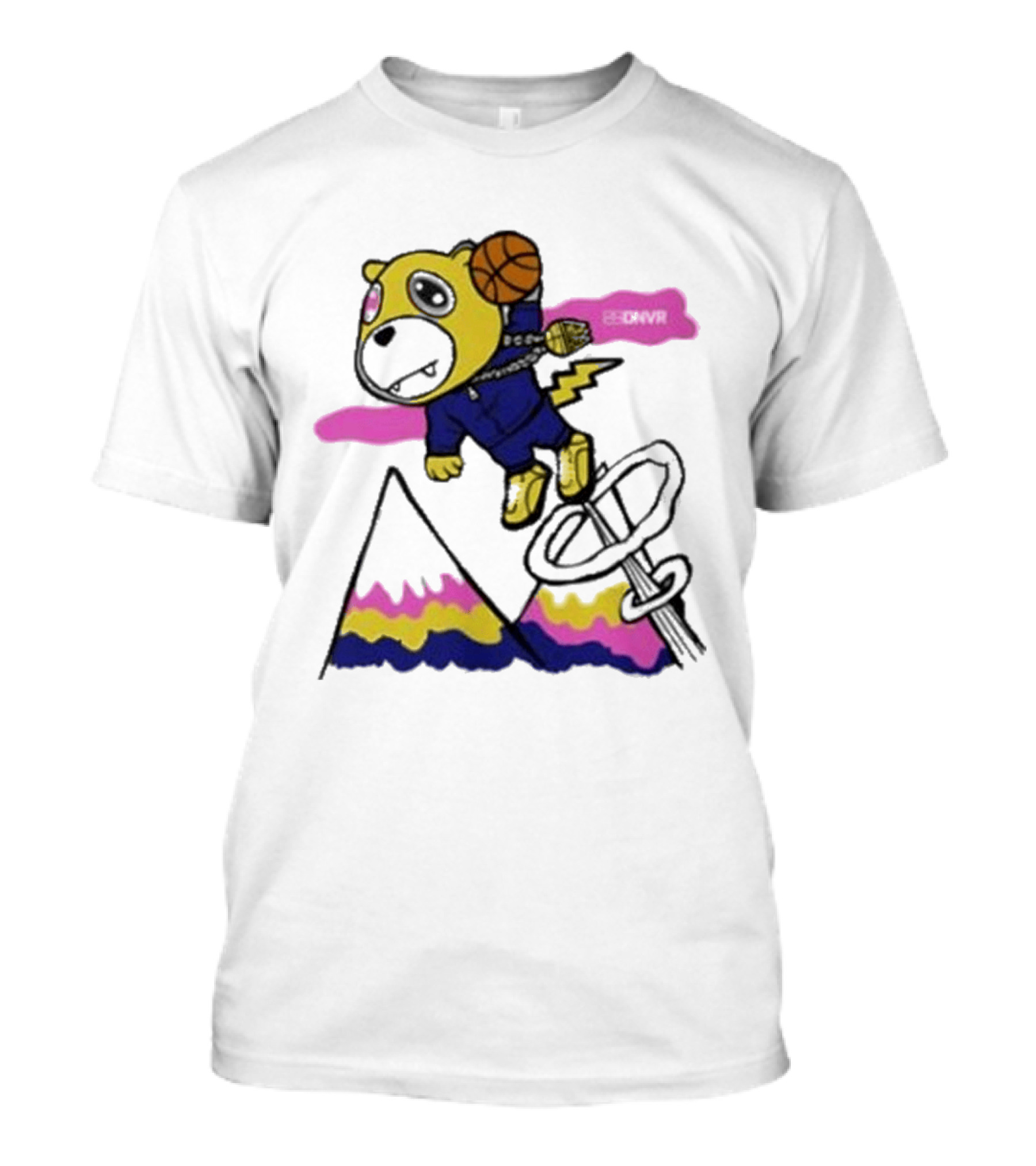 Dnvr Flying Basketball Mascot In Colorful Mountain Scene With Bicycle And Lightning T-Shirt