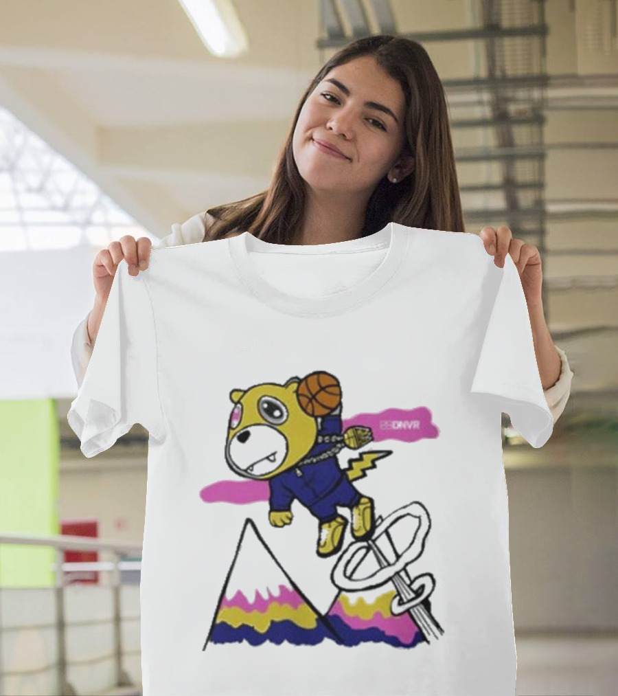 Dnvr Flying Basketball Mascot In Colorful Mountain Scene With Bicycle And Lightning T-Shirt