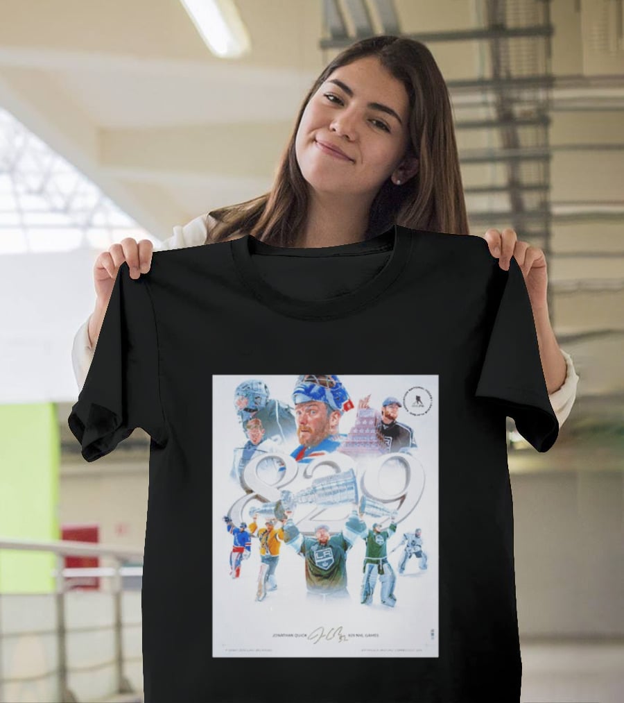 Jonathan Quick 829 NHL Games Collage With Stanley Cup Images T-Shirt
