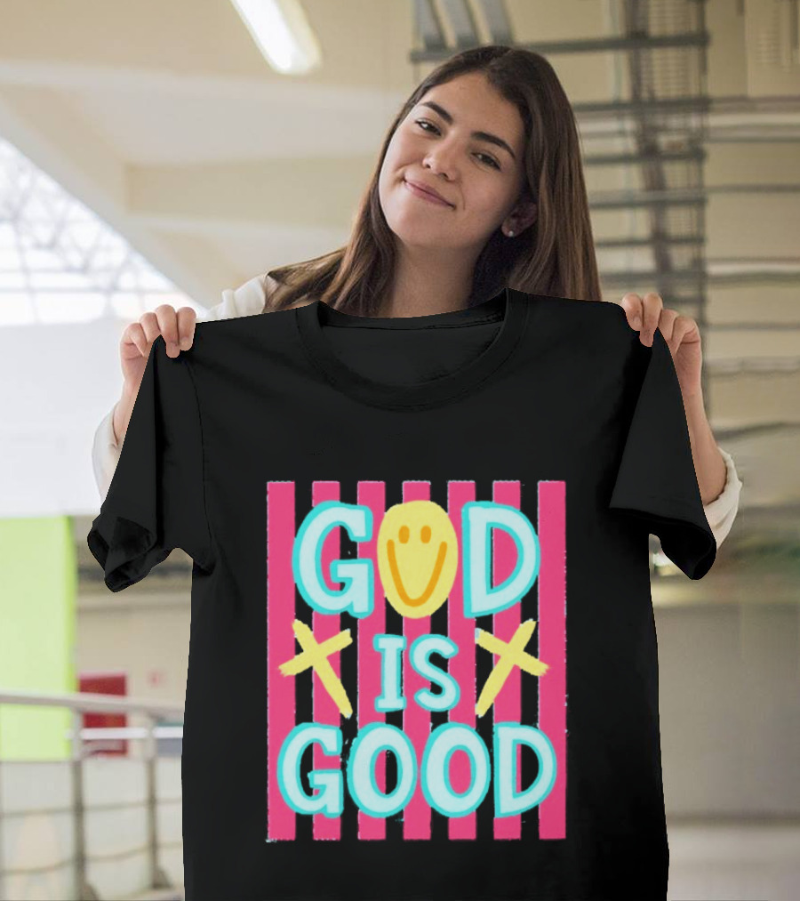 God Is Good Smiley Face Crosses Pink Stripes T-Shirt