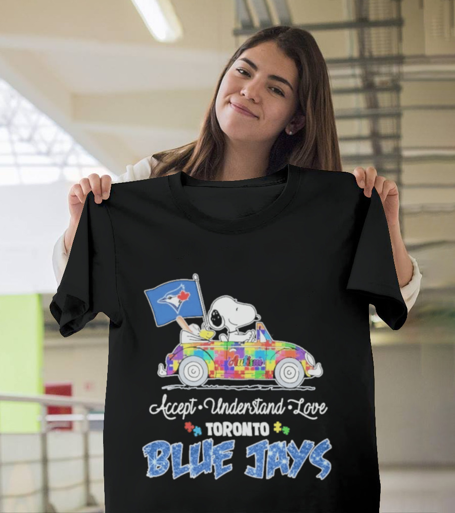 Snoopy Woodstock Driving Car Toronto Blue Jays Autism Awareness Accept Understand Love T-Shirt