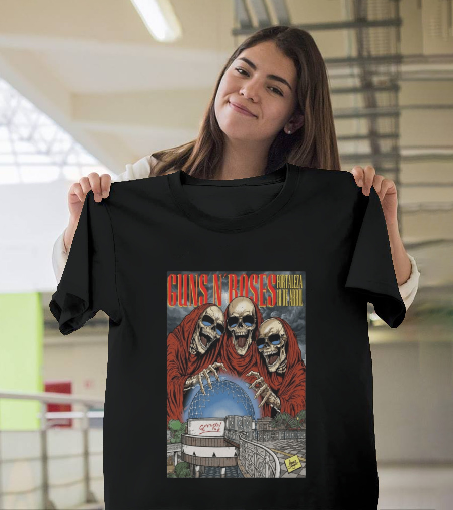 Guns N' Roses Fortaleza 18 De Abril Skeleton Red Hooded Figures Concert T-Shirt