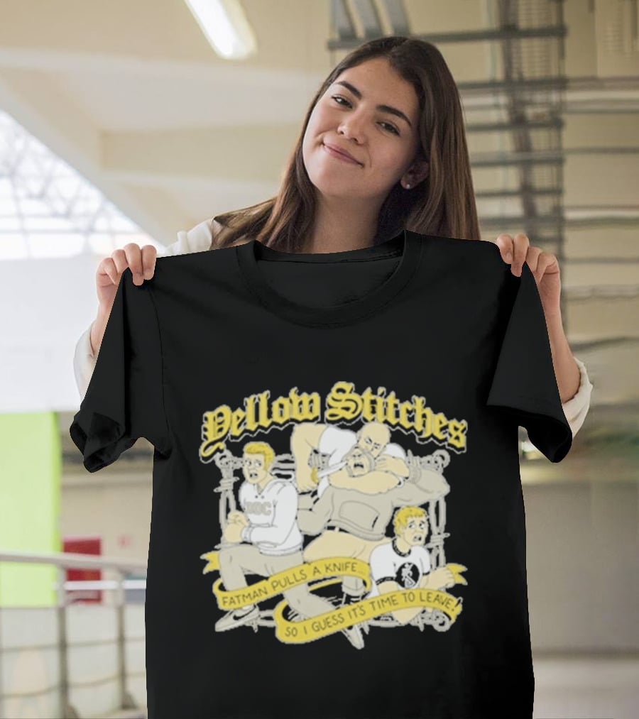 Yellow Stitches Friends Family Forever ROC Fatman Pulls A Knife T-Shirt