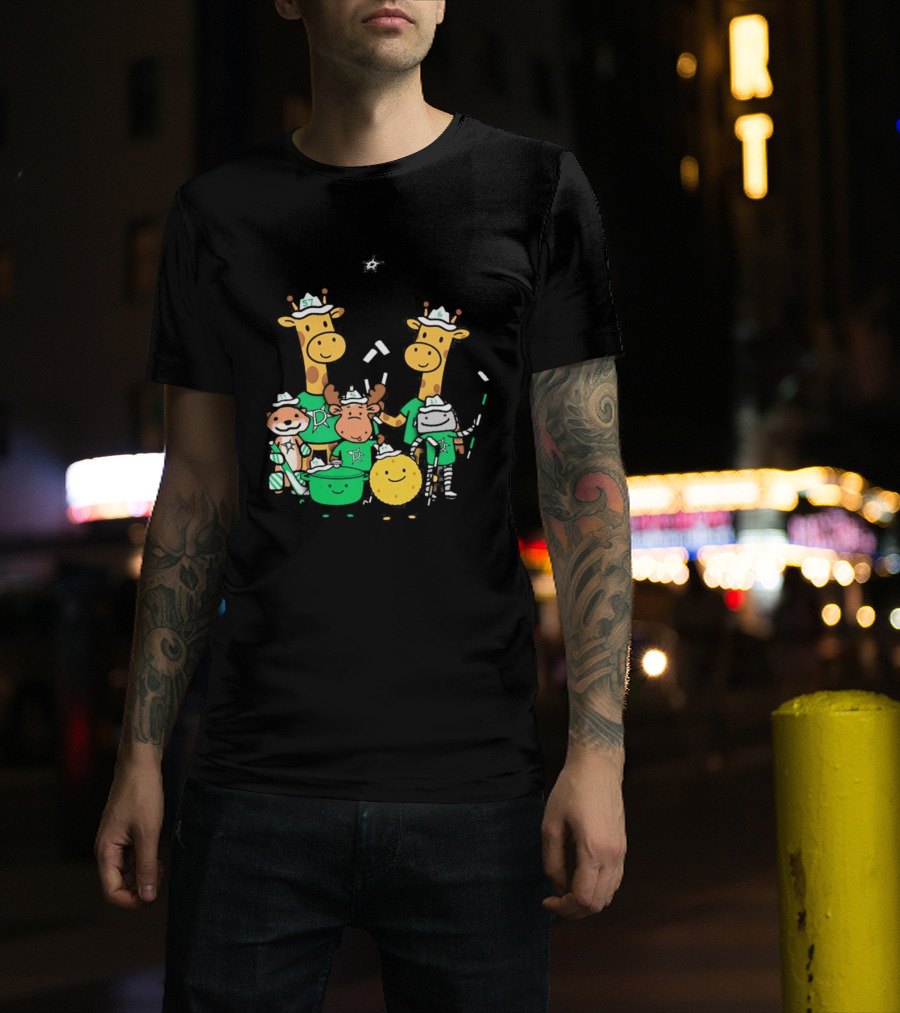 Dallas Stars Cartoon Characters Family Fun With Giraffe Moose Dog Bear And Cat T-Shirt