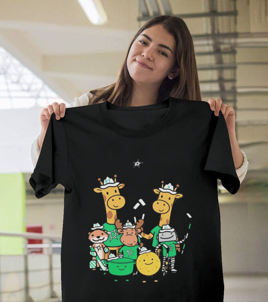 Dallas Stars Cartoon Characters Family Fun With Giraffe Moose Dog Bear And Cat T-Shirt