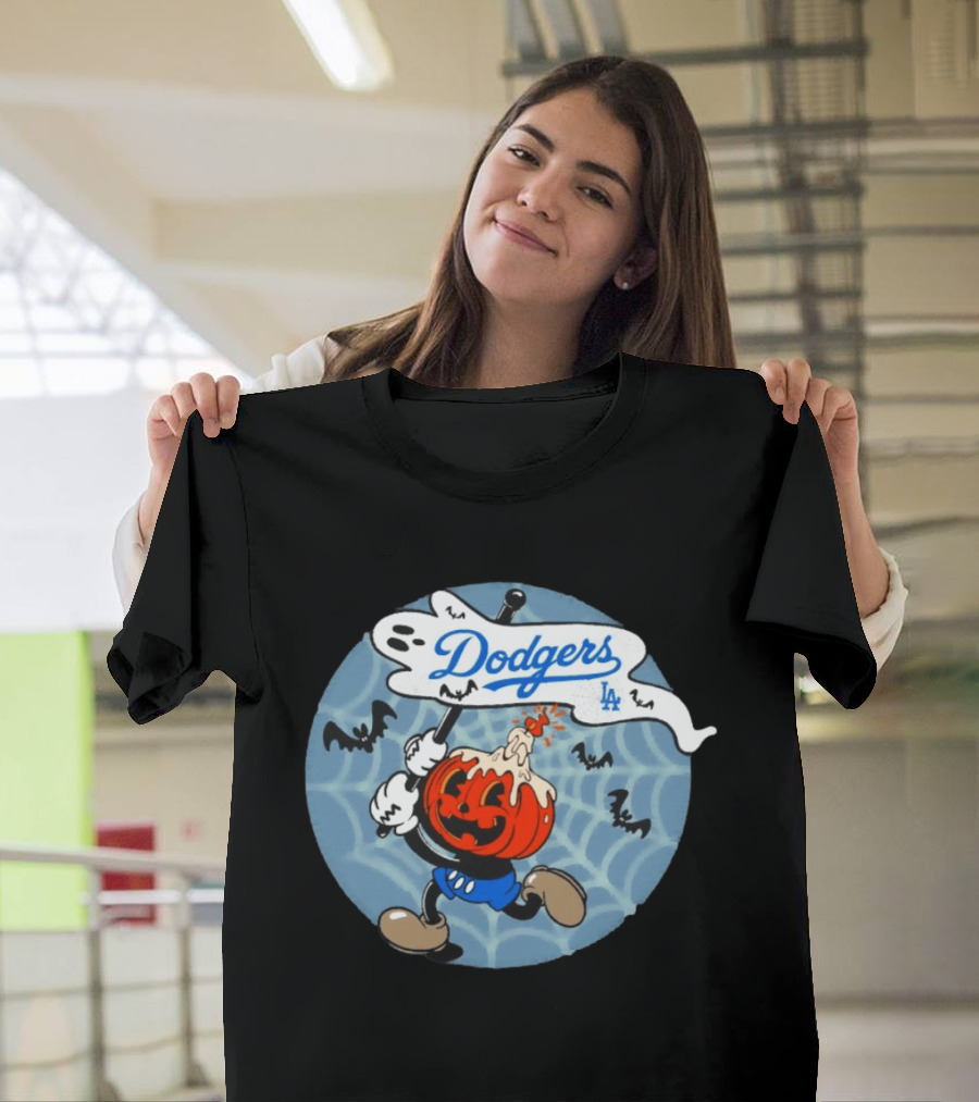 Los Angeles Dodgers Halloween Pumpkin Head Vintage Cartoon With Bats And Webs T-Shirt
