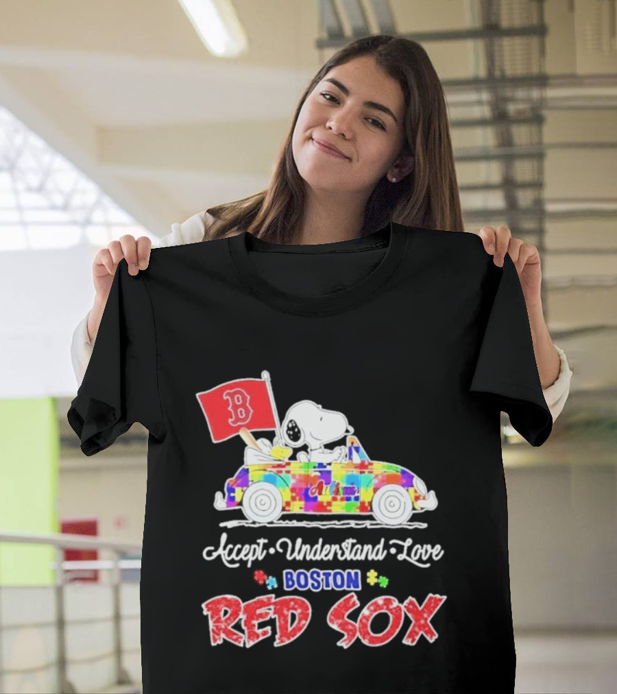 Snoopy Woodstock Boston Red Sox Driving Car Autism Awareness Accept Understand Love 2026 T-Shirt