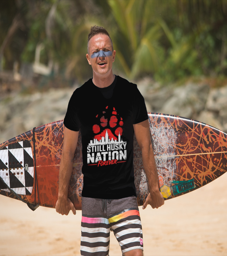 Still Husky Nation Forever Red Paw Print Skyline 2026 NBA UConn Huskies T-Shirt