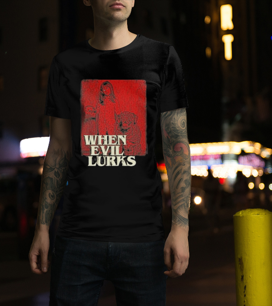 When Evil Lurks Red Background Girl With Bear T-Shirt