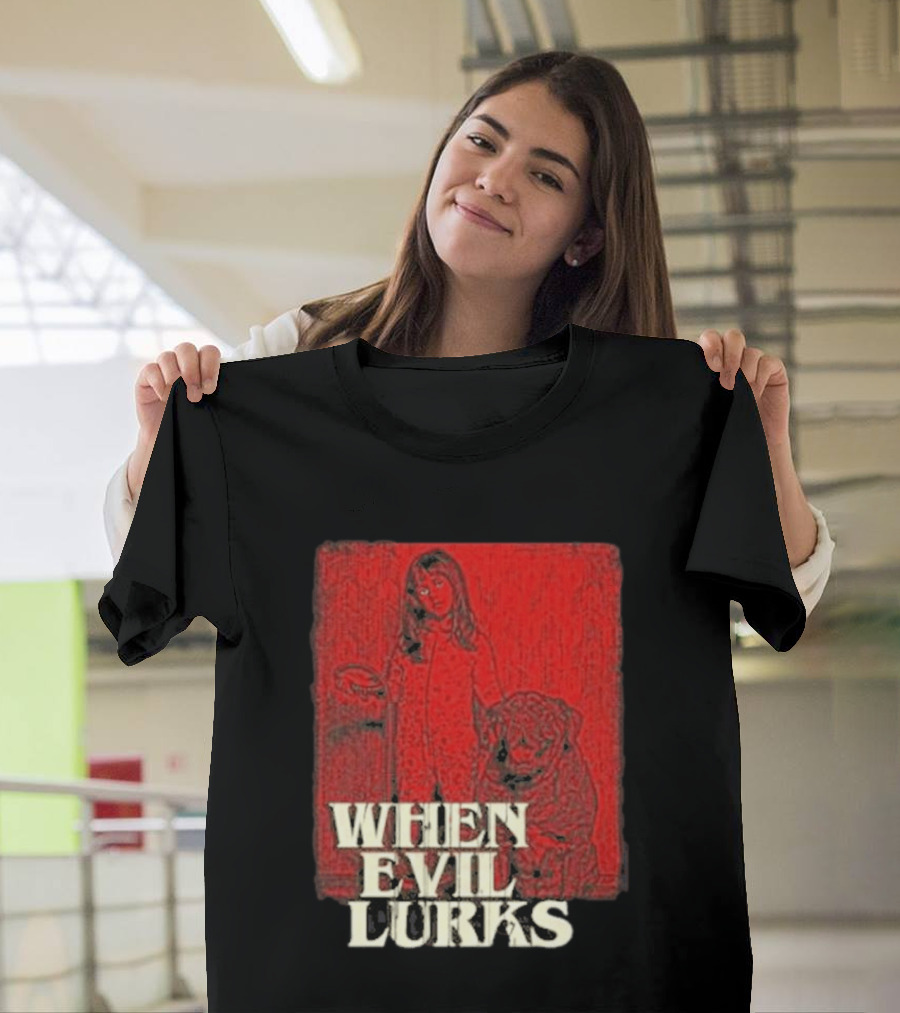 When Evil Lurks Red Background Girl With Bear T-Shirt
