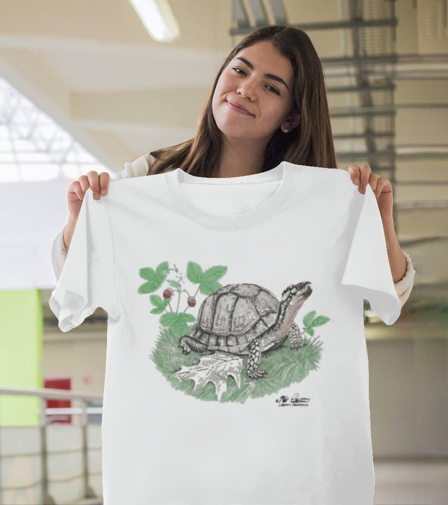 Naturet Turtle Among Berries And Greenery On Stone Base T-Shirt