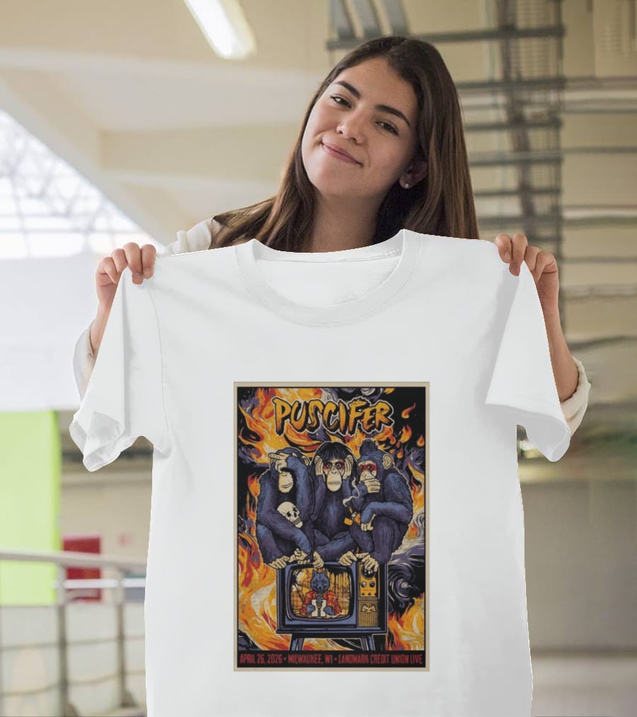 Puscifer April 26 2026 Milwaukee WI Landmark Credit Union Live Monkeys TV Flames T-Shirt