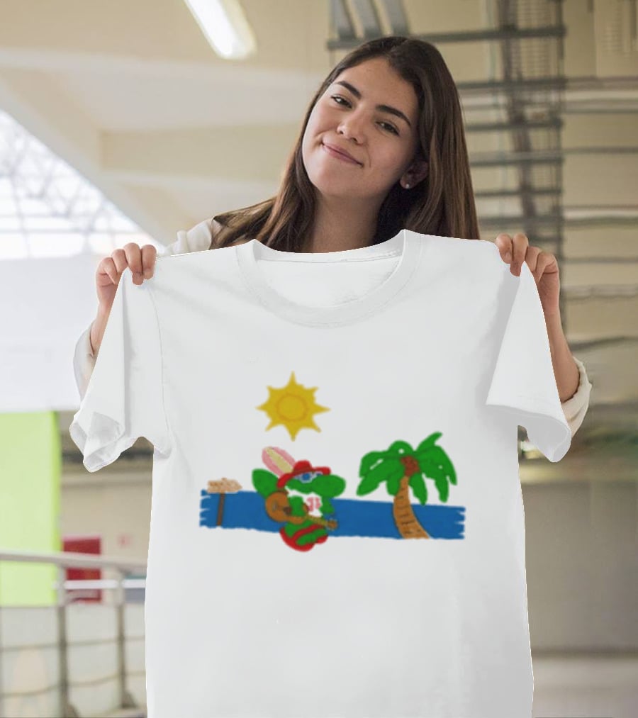 Jimmy Buffett Gator With Guitar By Palm Tree And Sun T-Shirt