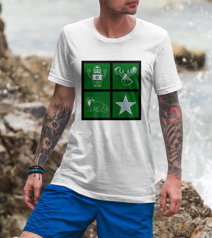 Robot Moose Otter Star Quadrant On Green T-Shirt
