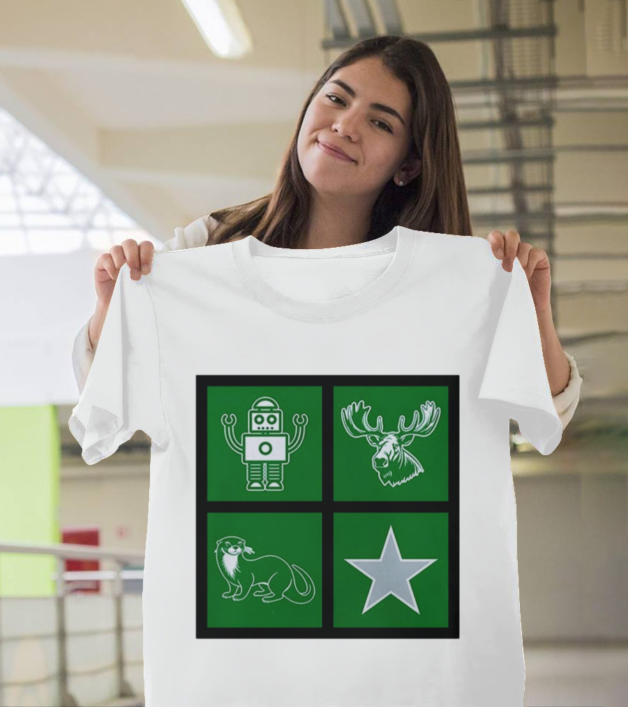 Robot Moose Otter Star Quadrant On Green T-Shirt