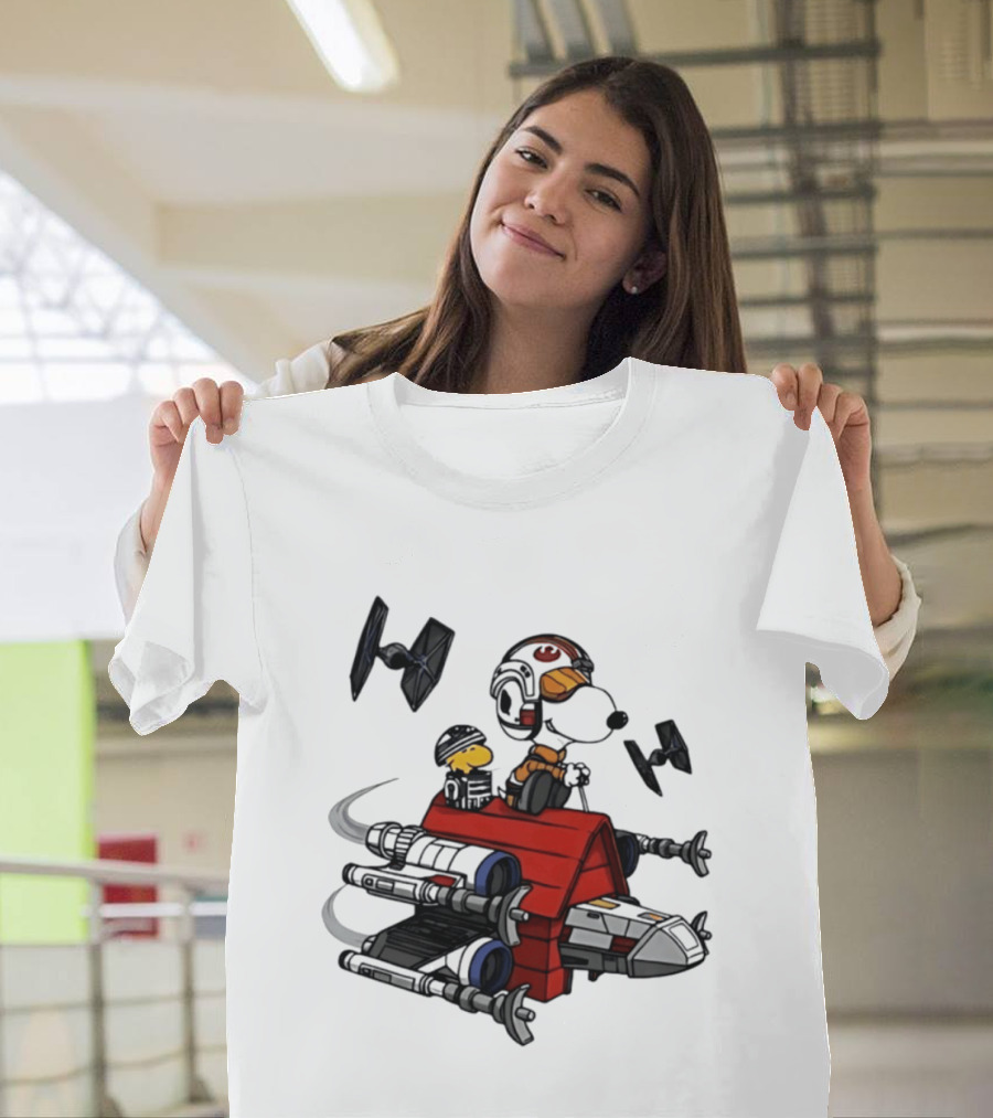 Space Beagle Snoopy Star Wars X Wing Doghouse Woodstock TIE Fighters T-Shirt