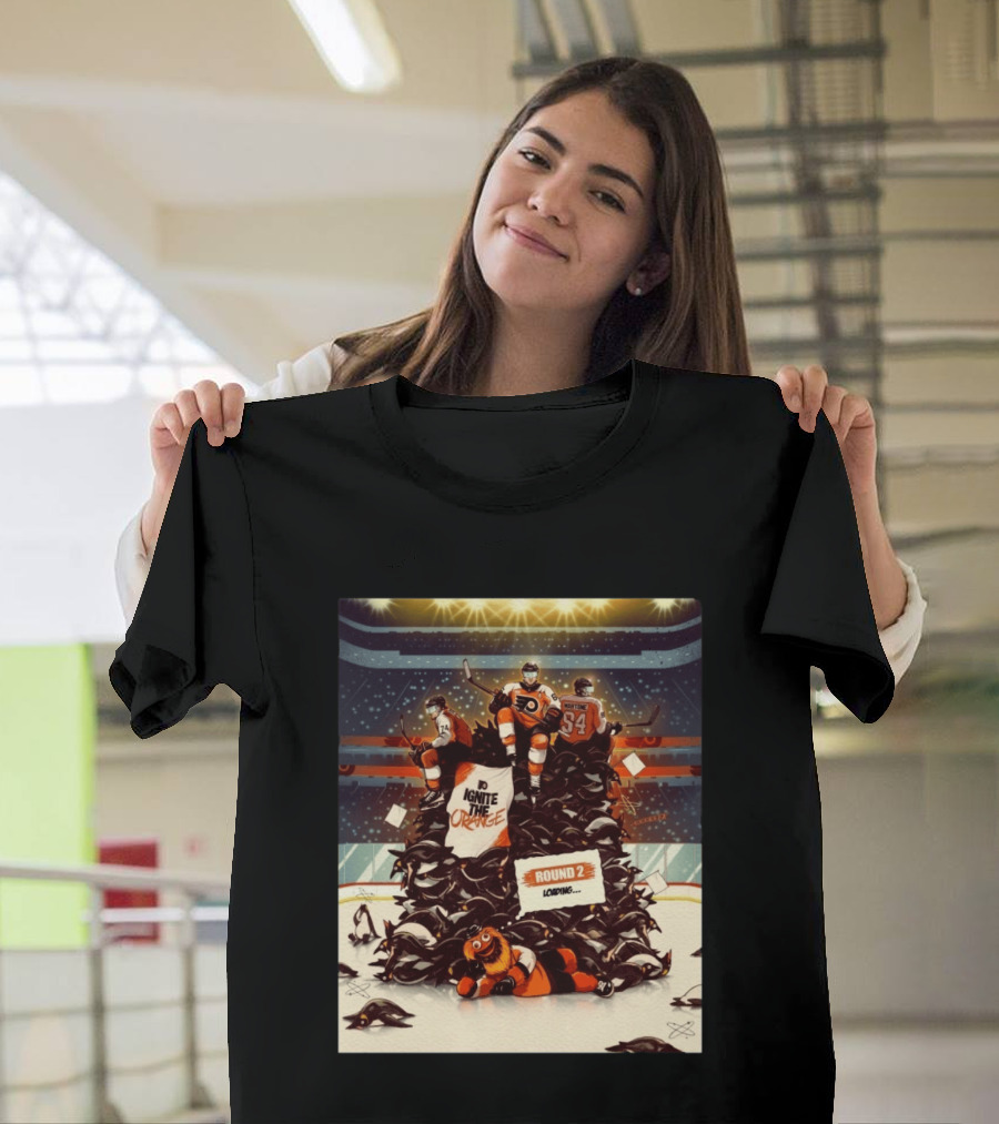 Philadelphia Flyers Ignite The Orange Round 2 Loading Cartoon Hockey Battle T-Shirt